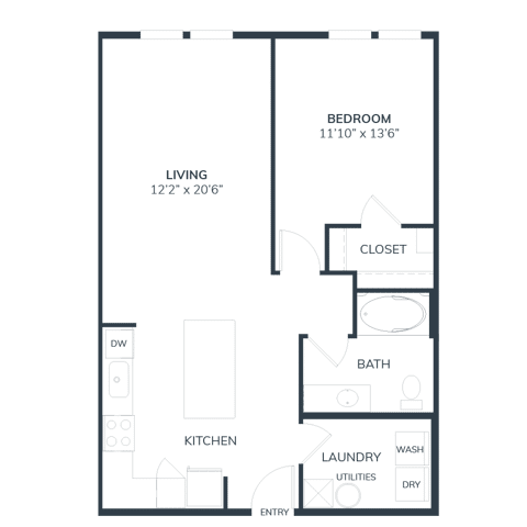 A 3D image of the A2 floorplan, a 816 squarefoot, 1 bed / 1 bath unit