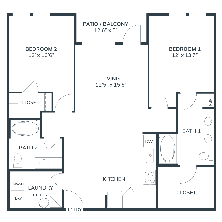 A 3D image of the B1 floorplan, a 1164 squarefoot, 2 bed / 2 bath unit