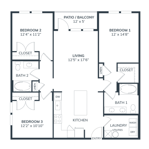 A 3D image of the C1 floorplan, a 1248 squarefoot, 3 bed / 2 bath unit